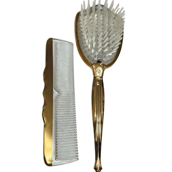 VINTAGE Gold HAND Comb & BRUSH SET WITH ‘GEMLITE’ COMB - Picture 1 of 9